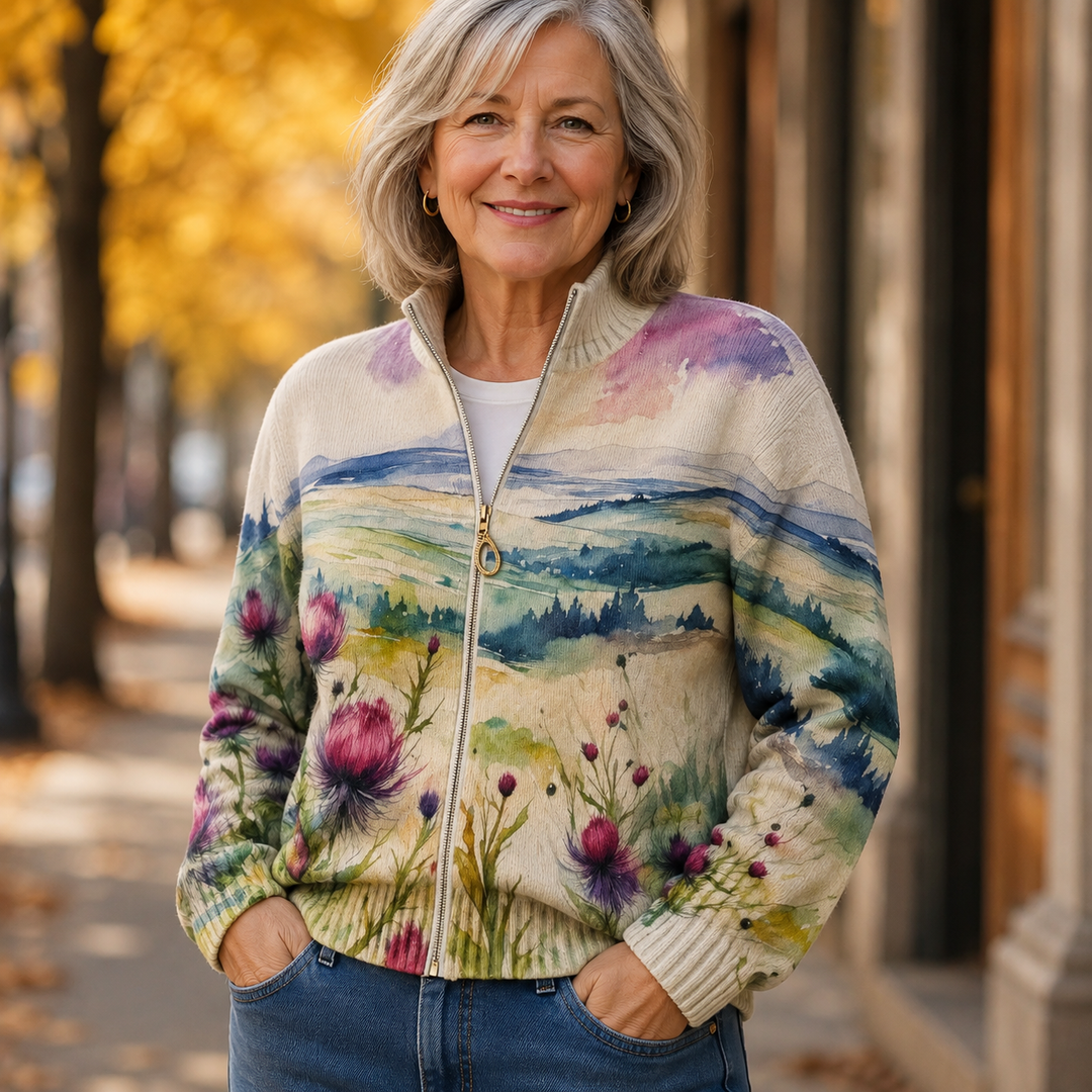 Lidia™ | Cardigan zippé en paysage avec chardon écossais