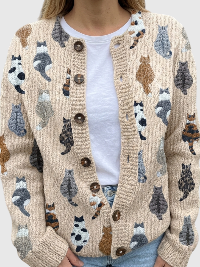 Graziella™ | Cardigan avec Imprimé de Chats et Coupe Confortable