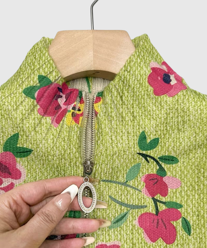 Agnese™ | Cardigan Zippé Rose Fleuri et Citron Vert